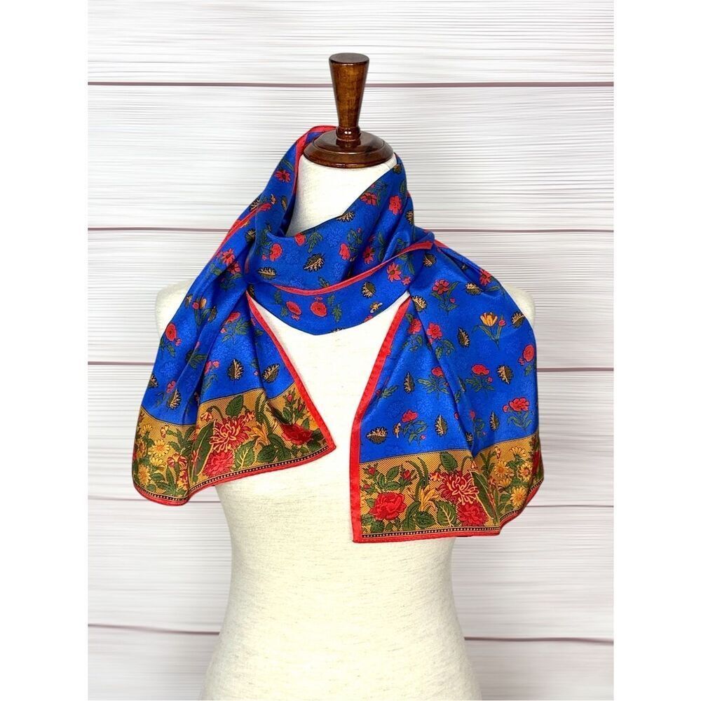 Linda Allard Ellen Tracy Silk Scarf Royal Blue Floral Vintage Japan
